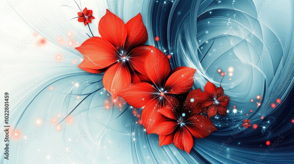 Aufkleber Abstract illustration of vibrant red fantasy flowers set against a blue and white backdrop featuring a swirling spiral Luminous dots encircle the elegant red blooms on a curved design