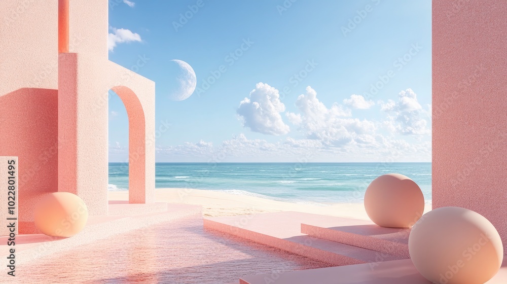 Poster Abstract summer landscape featuring geometric shapes with a beach view 3D rendering