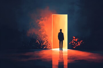 Silhouetted Figure Opening Bright Door to Promising Future