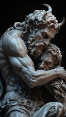 Naklejka premium Two male figures in armor, one with horns, embracing in classical mythological sculpture