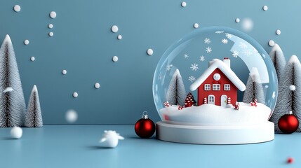 Festive snow globe with a cozy red house and snow covered trees creates a magical holiday...