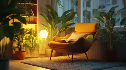 Fototapeta premium Cozy reading nook with a bright yellow chair, a book, and lush plants in a peaceful indoor setting during the evening