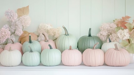 Pumpkins in soft pink, blue, green, mint, and lavender tones, creating a gentle