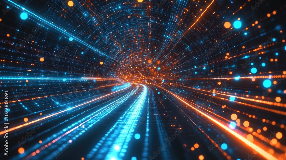 Aufkleber Abstract Glowing Blue And Orange Neon Lines And Dots Background With Digital Technology Tunnel Futuristic Cyberspace With High Speed Moving Digital Data Sci Fi Virtual Reality