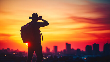 Travel Concept. Silhouette of a man with a backpack against bright sky sunset. Sun goes down. A man looks ahead, straightens his cowboy hat. Cityscape night view in the background. Color toning filter