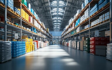 A vast warehouse with rows of shelves stocked with various products. Sunlight streams through skylights, casting long shadows on the concrete floor.