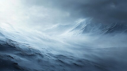 A snowy mountain range in a misty, overcast sky with heavy snowfall.
