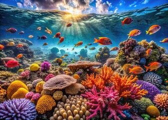 Naklejka premium Stunning underwater scene showcasing vibrant aquatic life and colorful coral formations in harmony