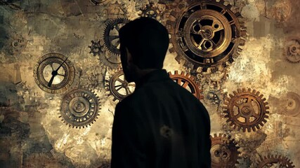 A man stands in front of a wall of gears, cogs, and clockwork, contemplating the intricate mechanisms of time - Powered by Adobe
