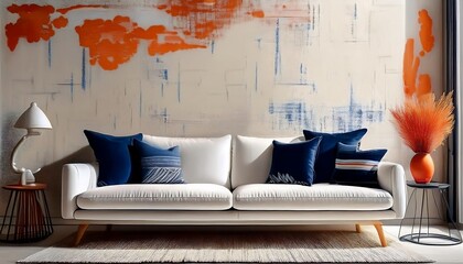 Minimalist, Beautiful, Modern, luxurious & Elegant Home Interior design with painting on concrete wall and modern white sofa with colorful pillows, Modern coffee table & lamp and artificial decor tree