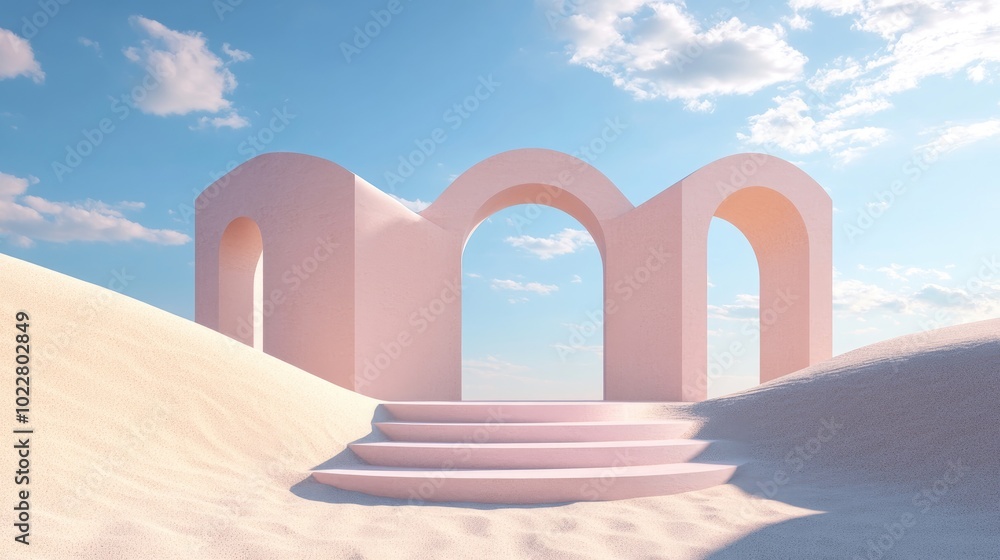Aufkleber 3D Render Abstract surreal pastel landscape background featuring arches and podium for product display panoramic perspective vibrant dune setting with ample copy space blue sky with clouds minimal