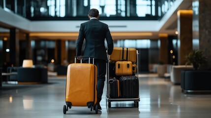 Businessman in a suit pulling luggage cart with suitcases through a modern hotel lobby with sleek design and polished floors.