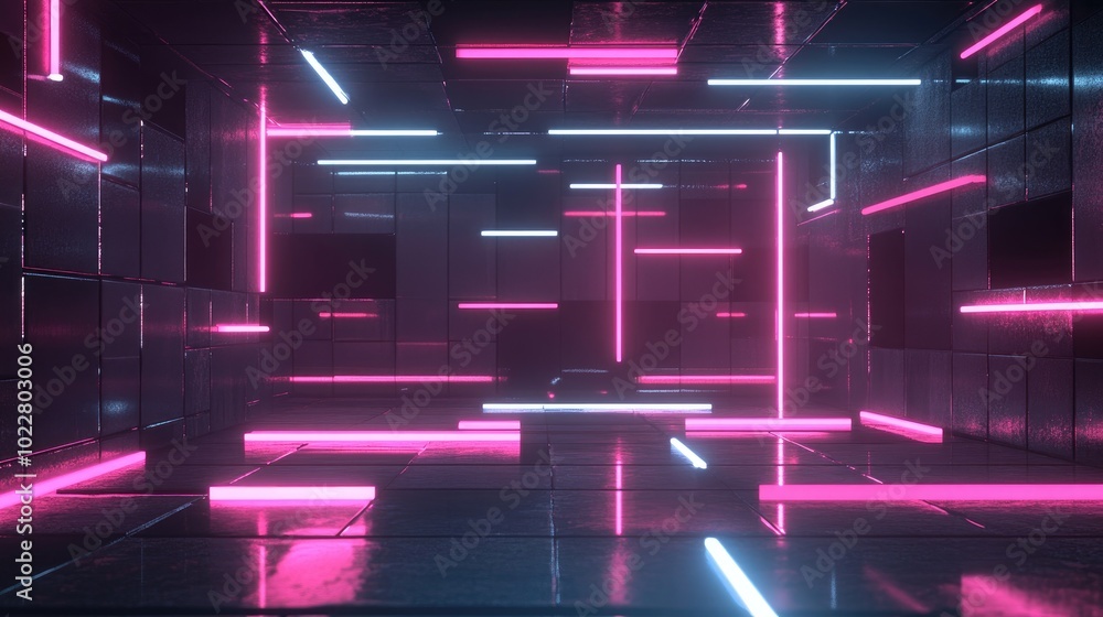 Aufkleber 3D render of an abstract minimal geometric background featuring glowing neon lines Illumination from a stage laser show with blank rectangular shapes and square frames creating a virtual reality e