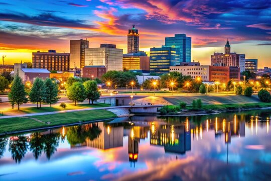 Stunning View of Fargo ND Skyline at Dusk with Vibrant Colors and City Lights Reflecting