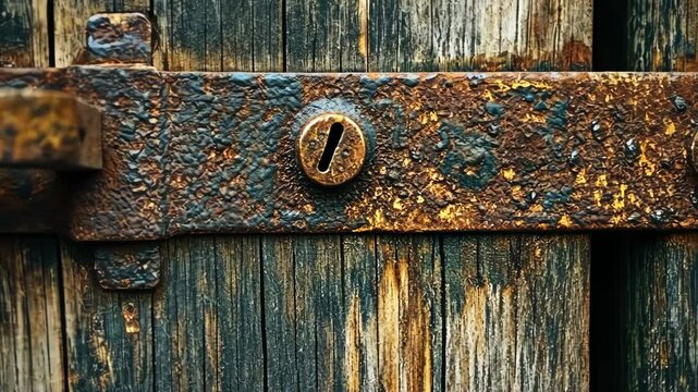 A weathered wooden door with a rusty metal hinge and a keyhole