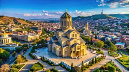 Obraz premium Stunning View of Holy Trinity Cathedral in Tbilisi Against a Clear Blue Sky in Georgia's Capital City