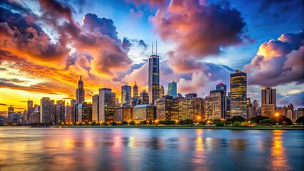 Fototapeta premium Stunning View of Iconic Chicago Skyline with Dramatic Clouds and Vibrant City Lights at Dusk