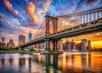 Obraz premium Stunning view of Manhattan Bridge arching over East River with city skyline in the background