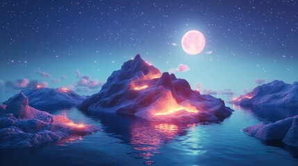3D illustration of a surreal landscape featuring an island illuminated by moonlight