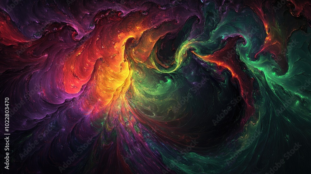 Poster Abstract textured painting featuring chaotic strokes in green red and violet Fractal design with elements of fantasy in a digital art style rendered in 3D