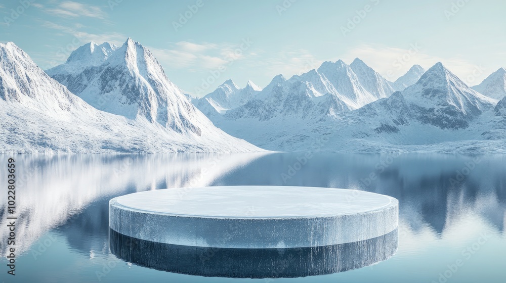 Aufkleber Abstract 3D rendering of a winter landscape featuring an ice podium on a snowy ground with a backdrop of snow capped mountains reflecting on the water surface suitable for product display advertis