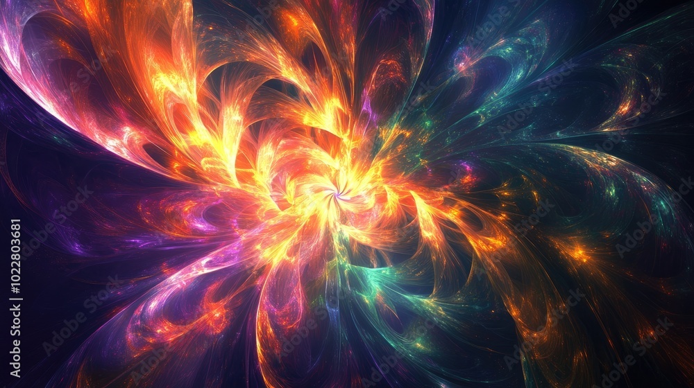 Poster abstract twisted light fibers with anime effects modern fractal floral design and illuminated light 