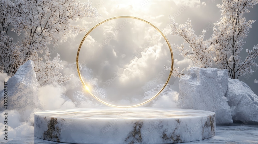 Poster 3d rendering of a white marble pedestal with a golden circular frame