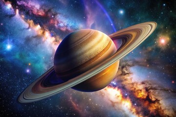 Stunning View of Saturn with Rings in a Cosmic Space Background Full of Stars and Nebulae