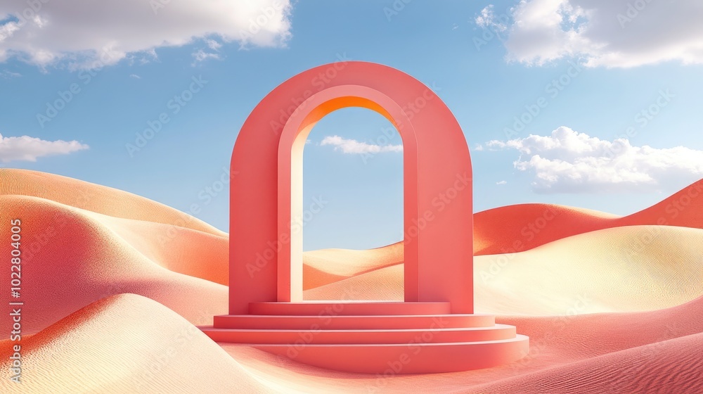 Poster 3D Render Abstract surreal pastel landscape background featuring arches and podium for product display panoramic perspective vibrant dune setting with ample copy space blue sky with clouds minimal