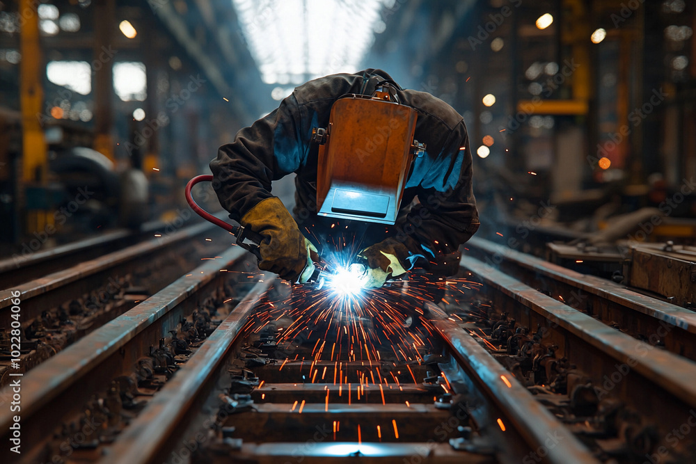 Poster welder working on railway tracks in an industrial setting