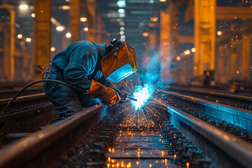 Welding sparks fly as a worker fixes railway tracks