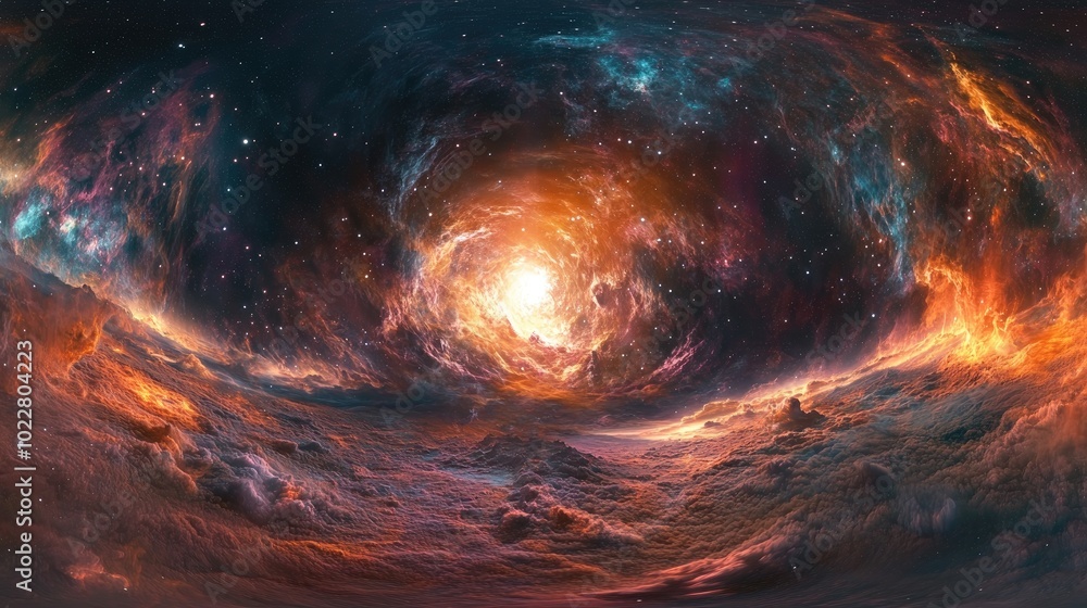 Poster 360 degree stellar system and gas nebula panorama HDRI environment map in equirectangular projection for virtual reality backgrounds 3D illustration