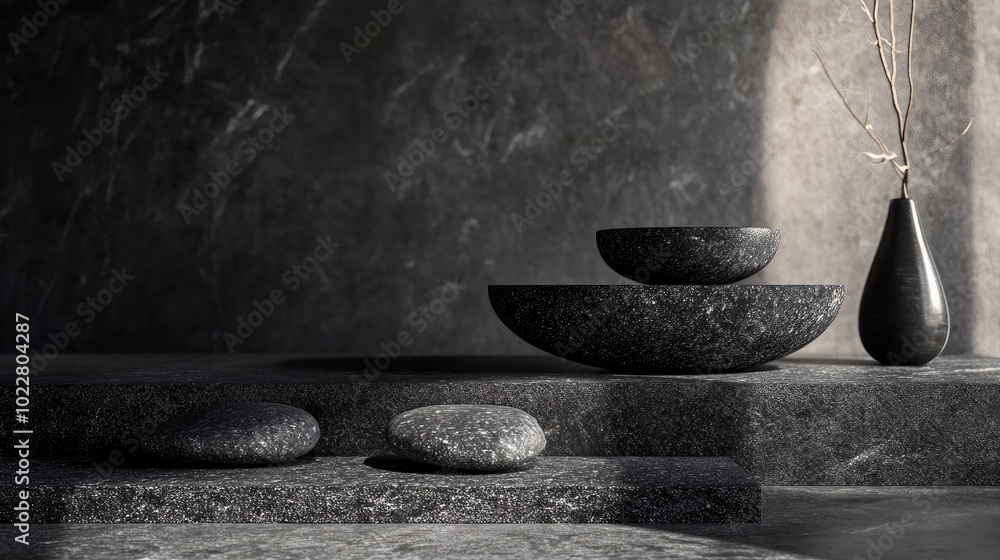 Poster Black geometric stone and rock texture background minimalistic mockup for product display or showcase dark stone spa charcoal theme 3D rendering