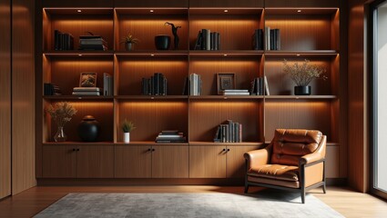 Modern Library Interior with Leather Armchair and Bookshelves