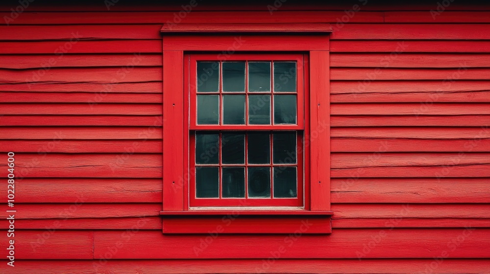 Poster closeup of window on a striking red clapboard building