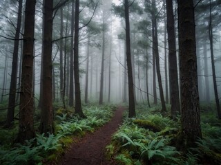Obraz premium Misty forest, Misty landscape, Fog-shrouded forest, Forest in fog with mist, wilderness landscape forest. Enigmatic mist-covered forest view