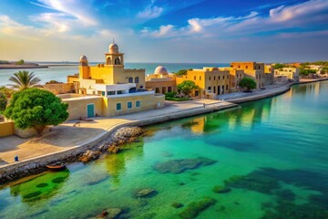 Fototapeta premium Stunning views of Al Wakrah's coastal landscape featuring traditional architecture and serene waters