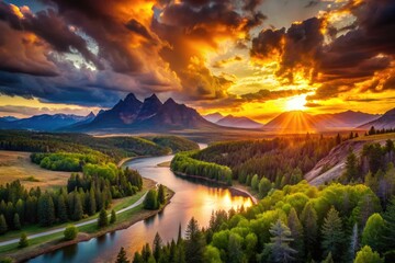 Fototapeta premium Stunning views of dramatic landscapes featuring mountains, forests, rivers, and vibrant skies at sunset