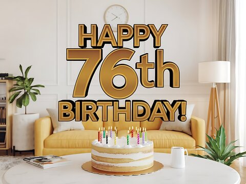 Happy 76th Birthday Cake with Lit Candles and Chocolate Drip