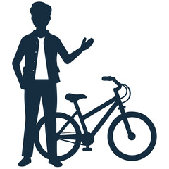 Vector image on transparent background of a silhouette of a single person standing with a bicycle next to them, one hand on the handlebar