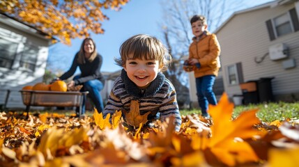 Young boy happily playing in autumn leaves while family gathers pumpkins in the background