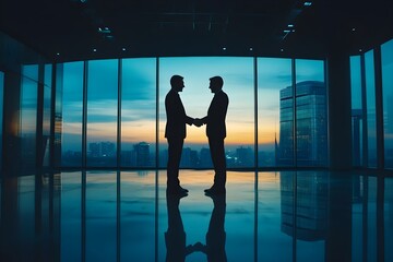 Business Partners Shaking Hands After Signing Contract in Sleek Conference Room