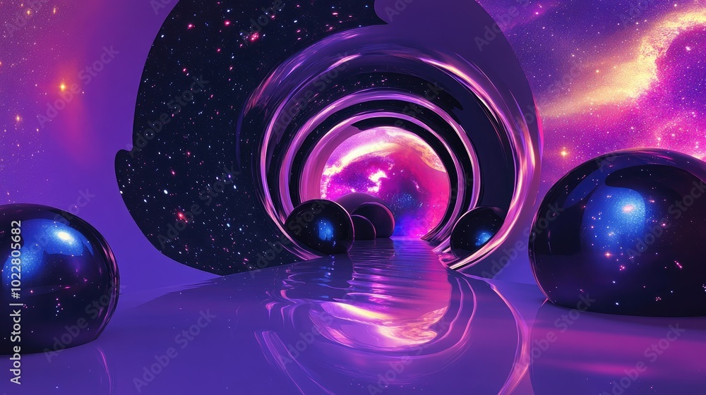Poster 3D Render Abstract Neon Background Portal Or Wormhole Futuristic Space Scene Ultraviolet Glowing Cosmic Tunnel Galaxy And Universe In Outer Space