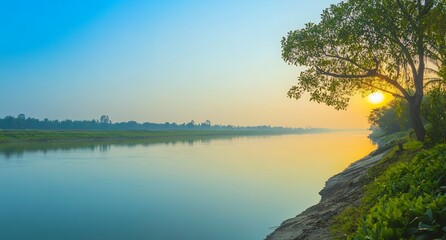 Sunrise over a tranquil river with a lush green tree in the foreground.