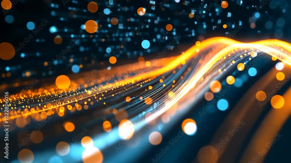 Poster an orange line of light trails across a dark blue background with bokeh dots of light