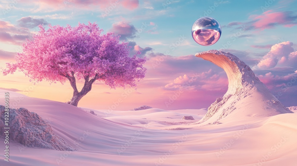 Poster 3D render depicting an abstract surreal landscape featuring pastel dunes a purple tree and a minimal arch complemented by a beautiful sky scene and a floating metallic sphere above an island