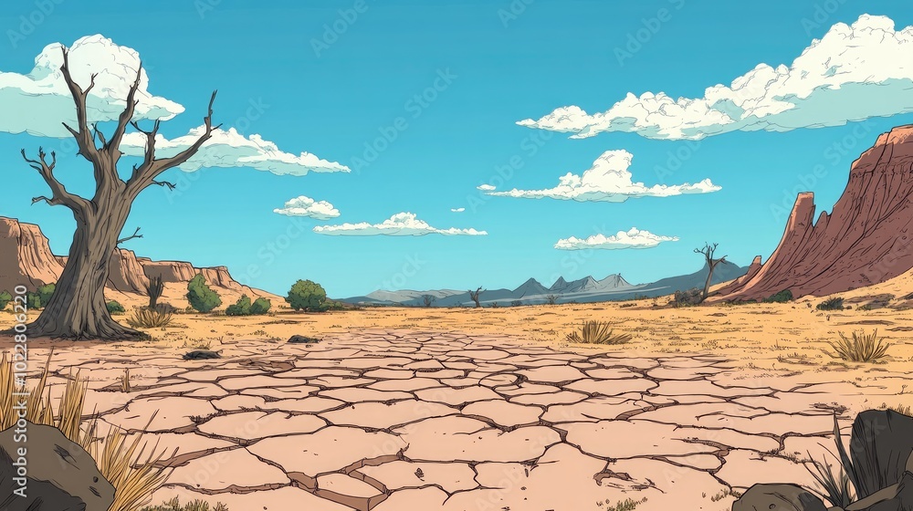 Poster 2d cartoon depiction of parched ground with visible cracks resulting from an extended dry period
