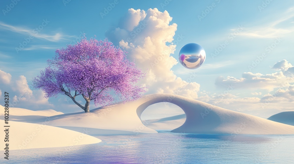 Poster 3D render depicting an abstract surreal landscape featuring pastel dunes a purple tree and a minimal arch complemented by a beautiful sky scene and a floating metallic sphere above an island