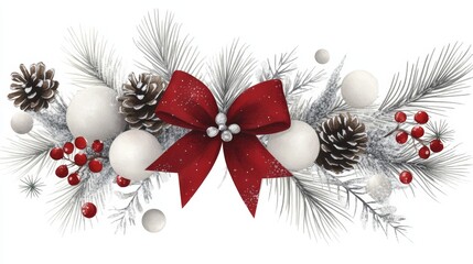 Watercolor Christmas Border with Pine Branches  Red Bow and Ornaments