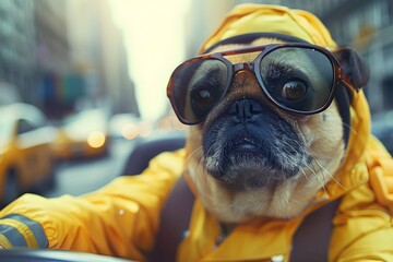 Surreal of a Pug Taxi Driver Smiling on a City Street with Natural Lighting and Candid Composition